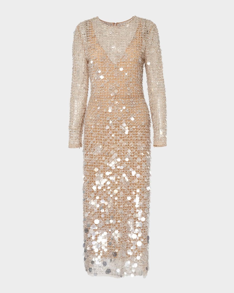 Embellished Long-Sleeve Midi Dress